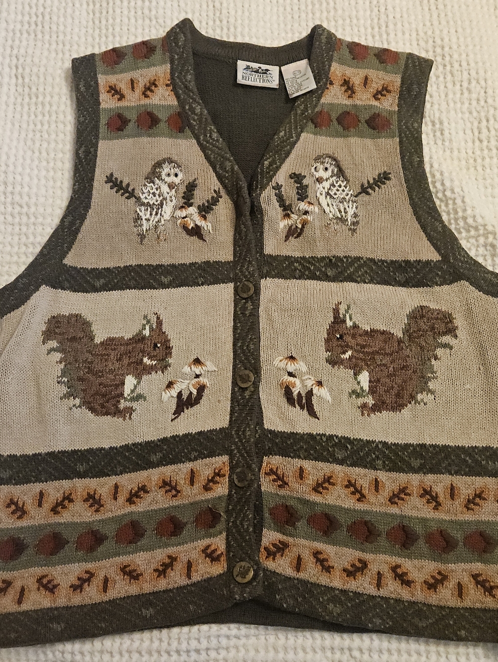 Vintage Wilderness Squirrels and Mushrooms Sweater Vest V Neck XL